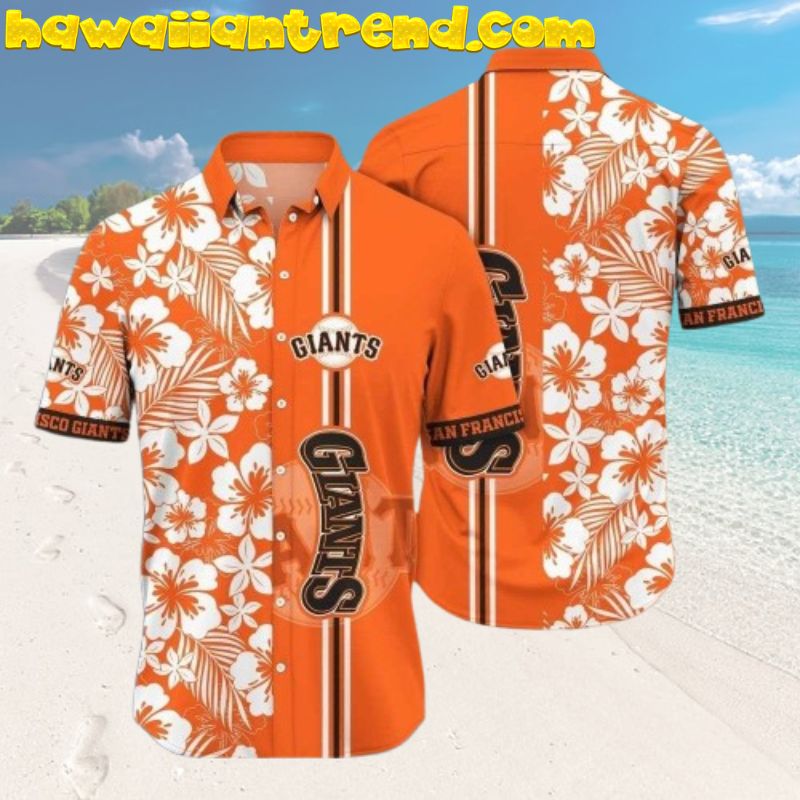 SF Giants Tropical White Hibiscus Floral Palm Leaves Orange Aloha Hawaiian Shirt