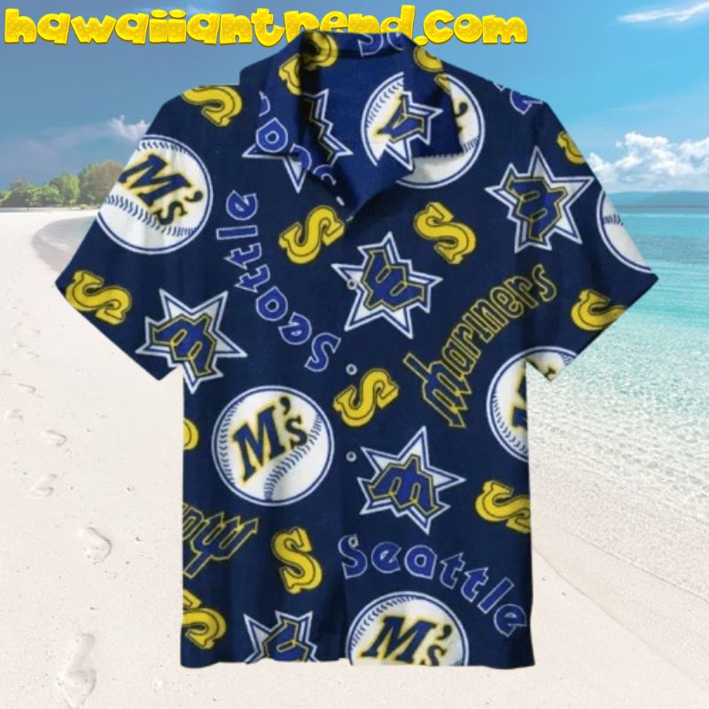 Bold Navy Logo Retro Seattle Mariners Aloha Hawaiian Shirt