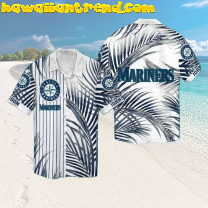 Custom Name Palm Leaves Stripe Seattle Mariners White Hawaiian Shirt