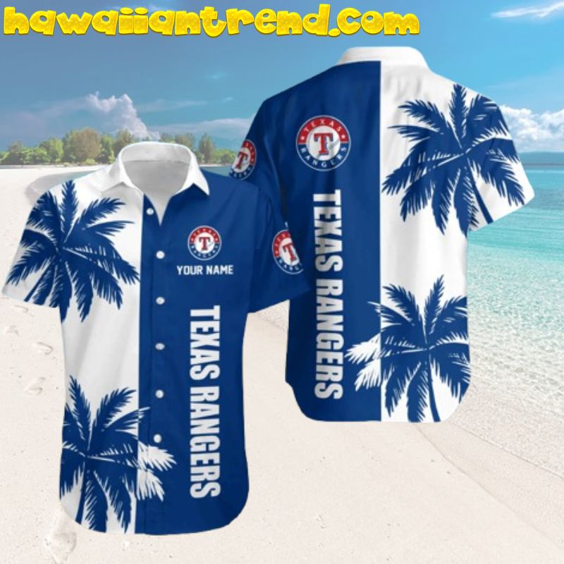 Custom Name Texas Rangers Palm Tree Half Blue And White Hawaiian Shirt