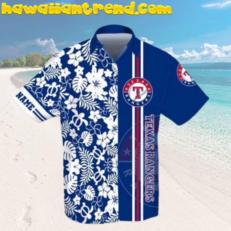 Custom Name Texas Rangers White Floral Stripe Hawaiian Shirt