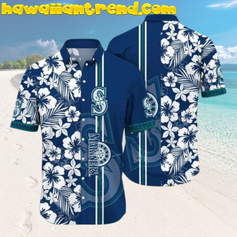 Seattle Mariners Floral Blue White Stripe Hawaiian Shirt