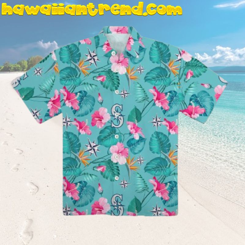 Seattle Mariners Pink Hibiscus Monstera Hawaiian Shirt