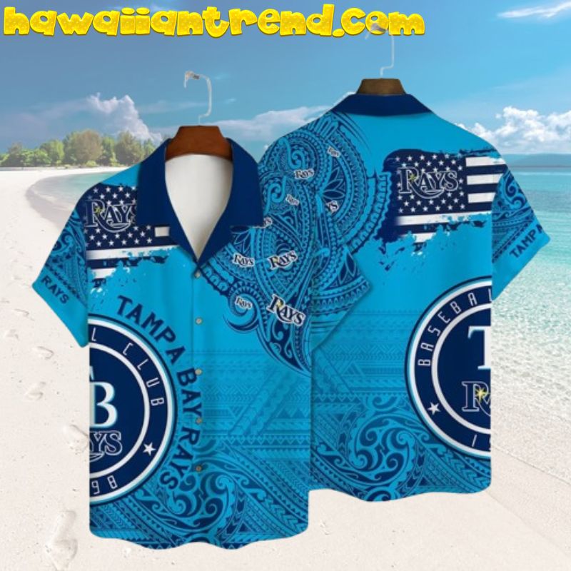 Tampa Bay Rays Giant Logo Tribal Wave Hawaiian Shirt
