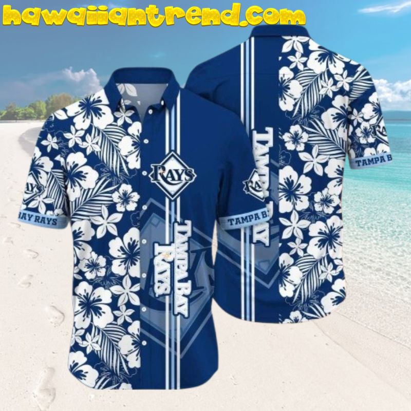 Tampa Bay Rays Striped Navy White Floral Hibiscus MLB Baseball Hawaiian Shirt