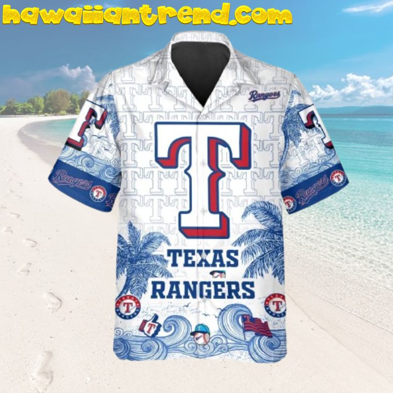 Texas Rangers Ball On Big Wave Tropical Vibes Hawaiian Shirt