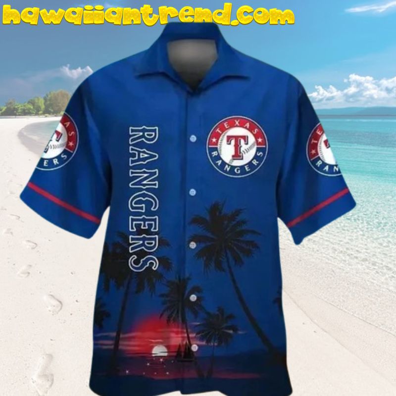 Texas Rangers Baseball Inspired Tropical Island Sunset Hawaiian Shirt