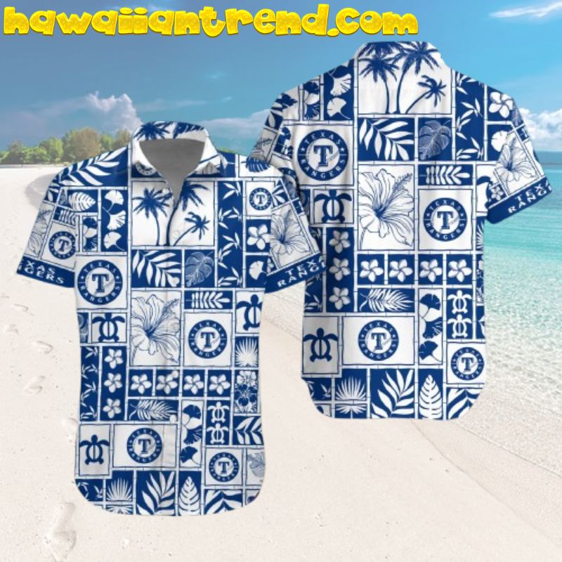 Texas Rangers Beach Icon Square Blue and White Hawaiian Shirt