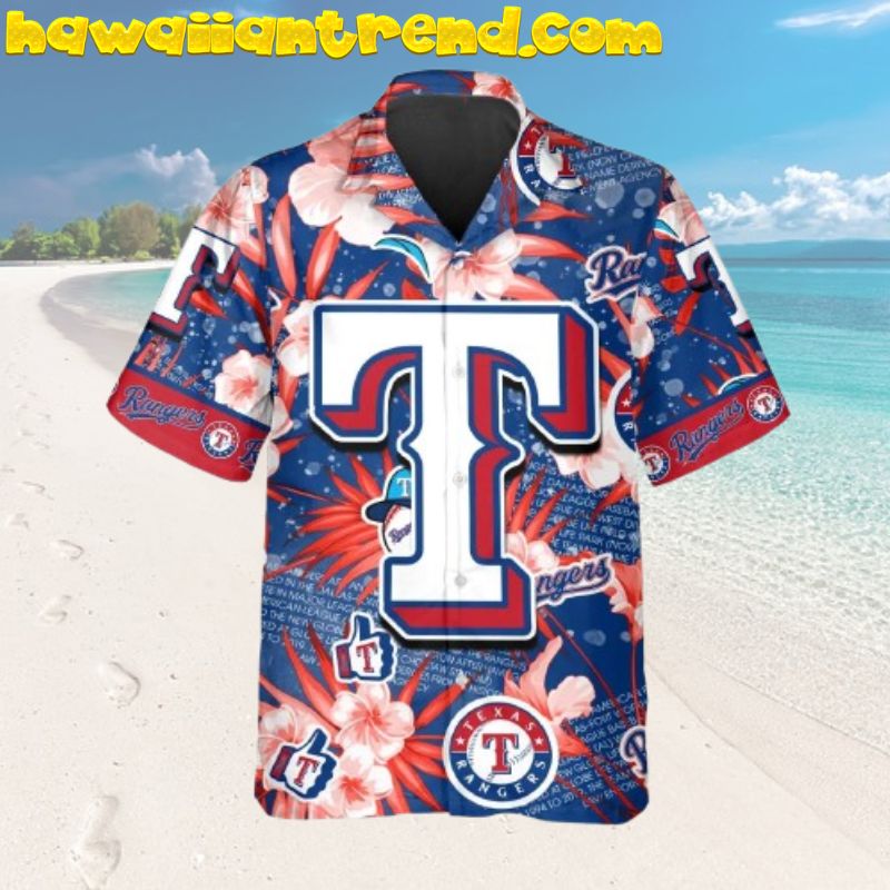 Texas Rangers Floral Splash Pink Hibiscus Hawaiian Shirt