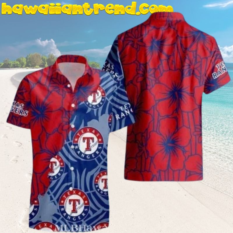 Texas Rangers Red And Blue Hibiscus Floral Hawaiian Shirt