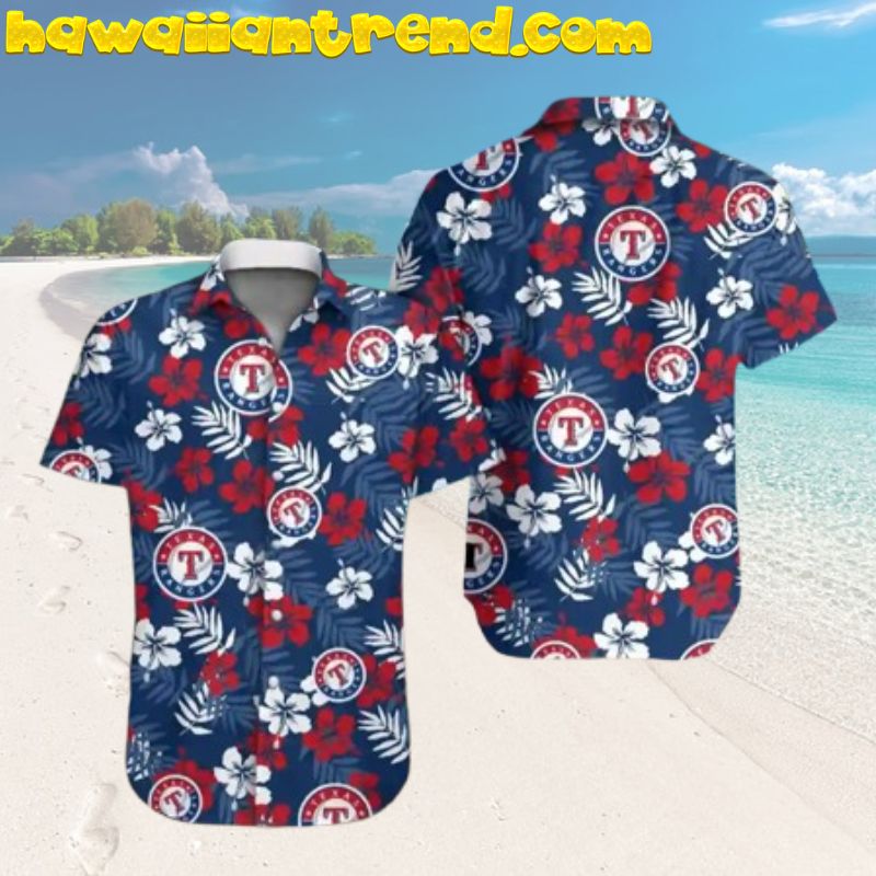 Texas Rangers Tropical Leaves Red White Hibiscus Hawaiian Shirt