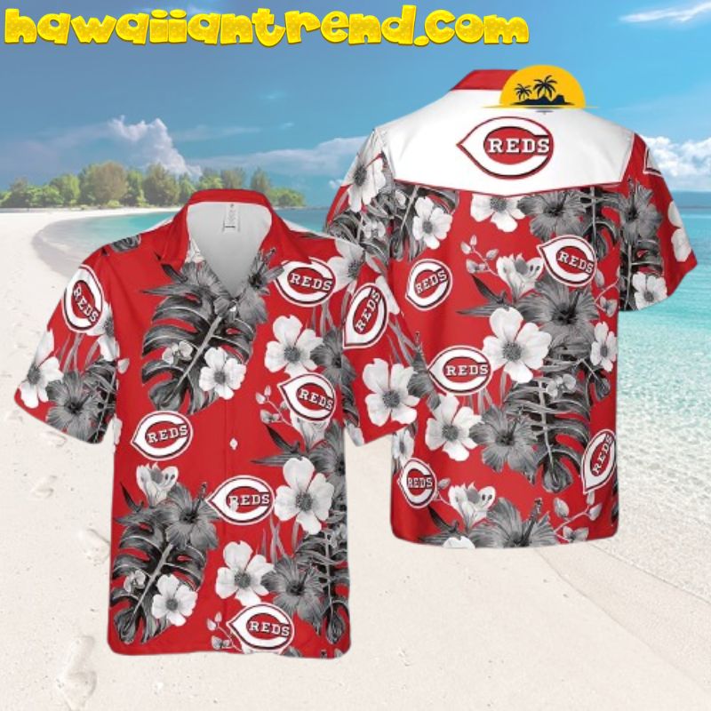 Cincinnat Reds Summer Day Monstera Hibiscus Large Hawaiian Shirt