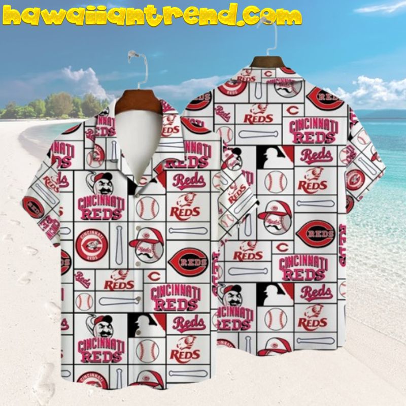 Cincinnati Reds Baseball Icons Square Pattern Vintage Hawaiian Shirt