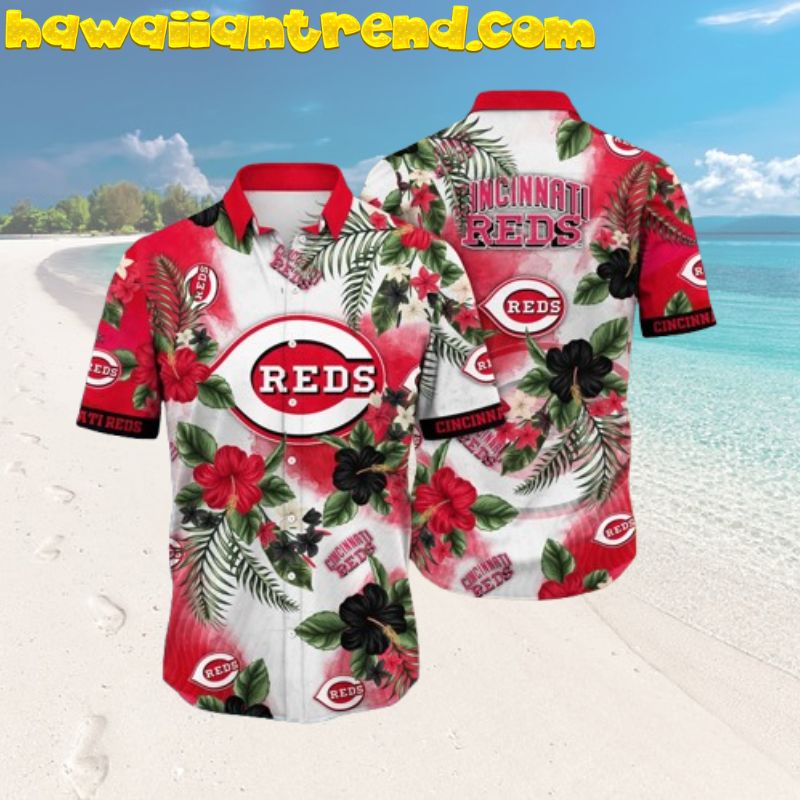 Cincinnati Reds Hibiscus Black And Red Splash Hawaiian Shirt