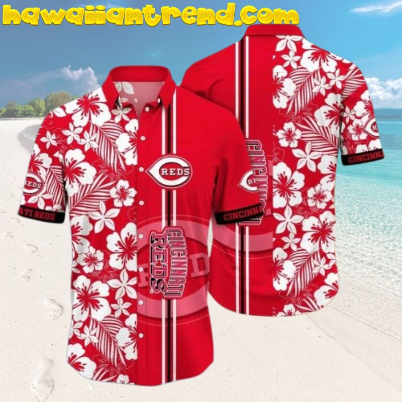 Cincinnati Reds Hibiscus White Floral And Stripe Logo Pattern Hawaiian Shirt