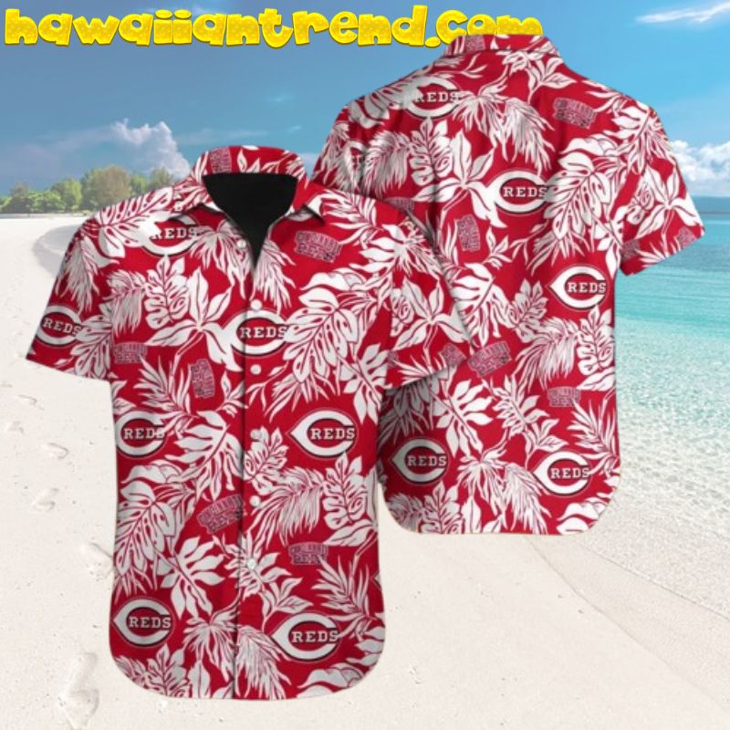 Cincinnati Reds Hibiscus White Floral And Stripe Logo Pattern Hawaiian Shirt