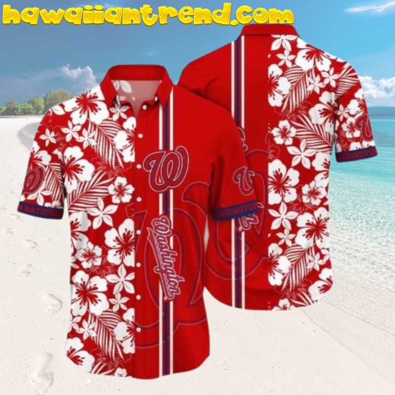 Classic Hibiscus Striped Washington Nationals Aloha Hawaiian Shirt