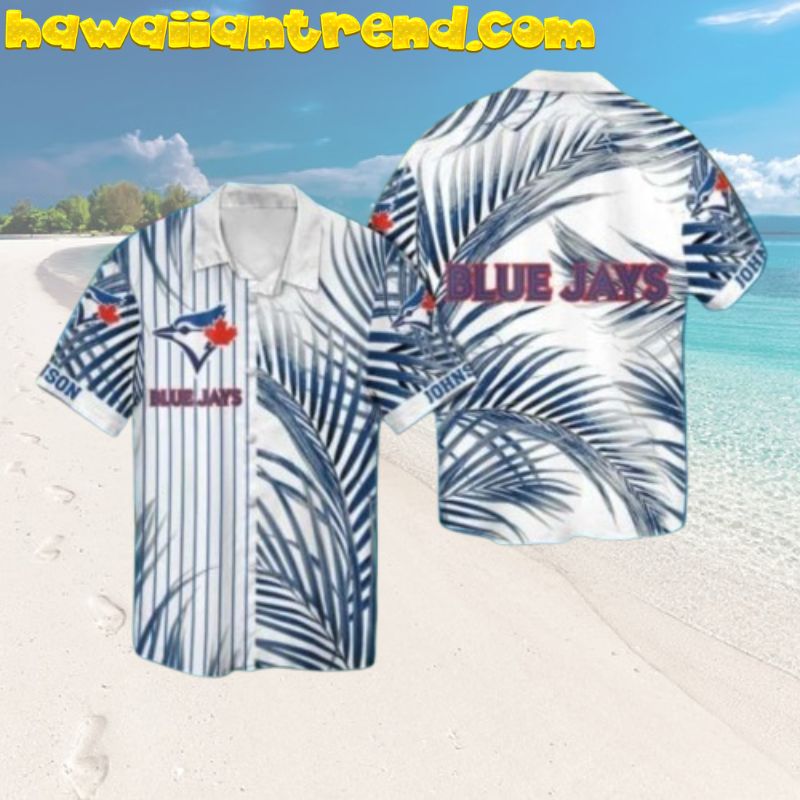 Custom Name Pinstripe And Palm Leaf Toronto Blue Jays White Hawaiian Shirt