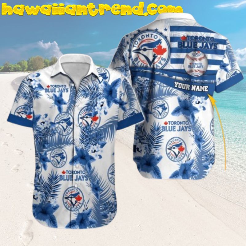 Custom Name Toronto Blue Jays Blue Pattern Hibiscus Palm Leaves Hawaiian Shirt