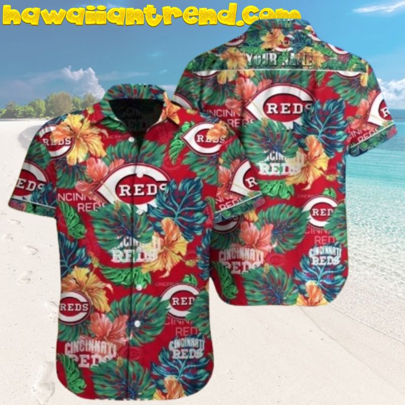 Custom Name Split Floral Panel Cincinnati Reds Aloha Hawaiian Shirt