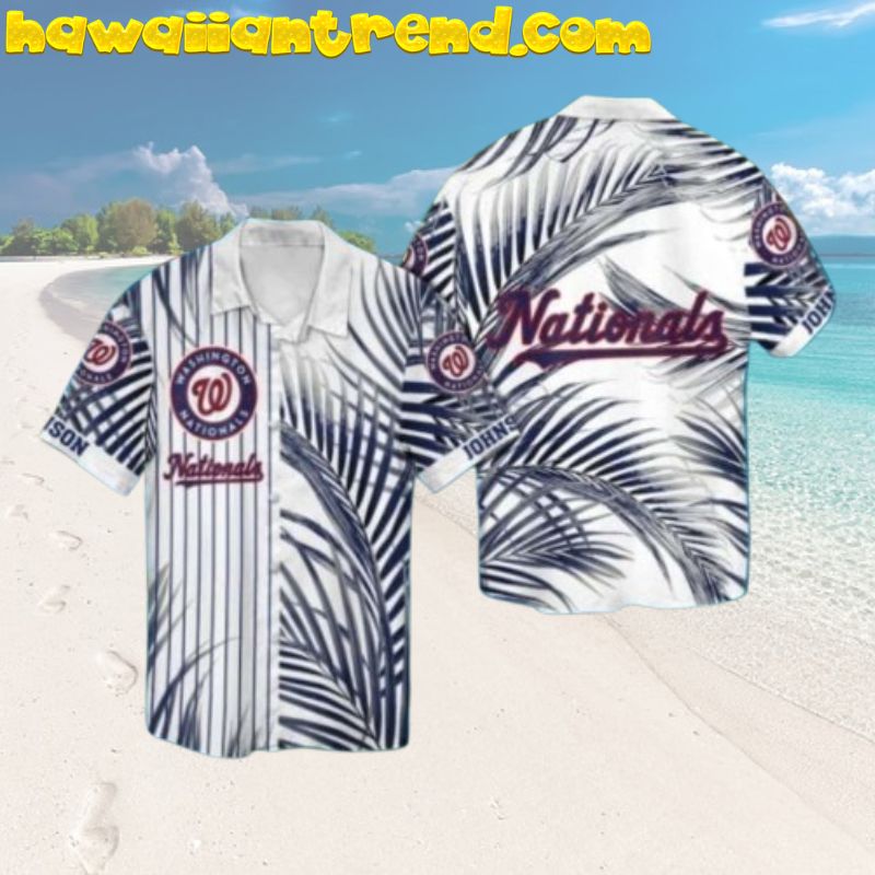 Palm Leaves Pinstripe Washington Nationals White Aloha Shirt