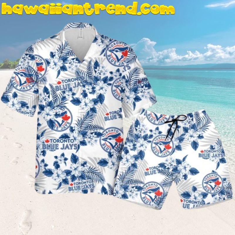 Toronto Blue Jays Baseball Hibiscus Flowers Pattern White Theme Hawaiian Shirt And Shorts