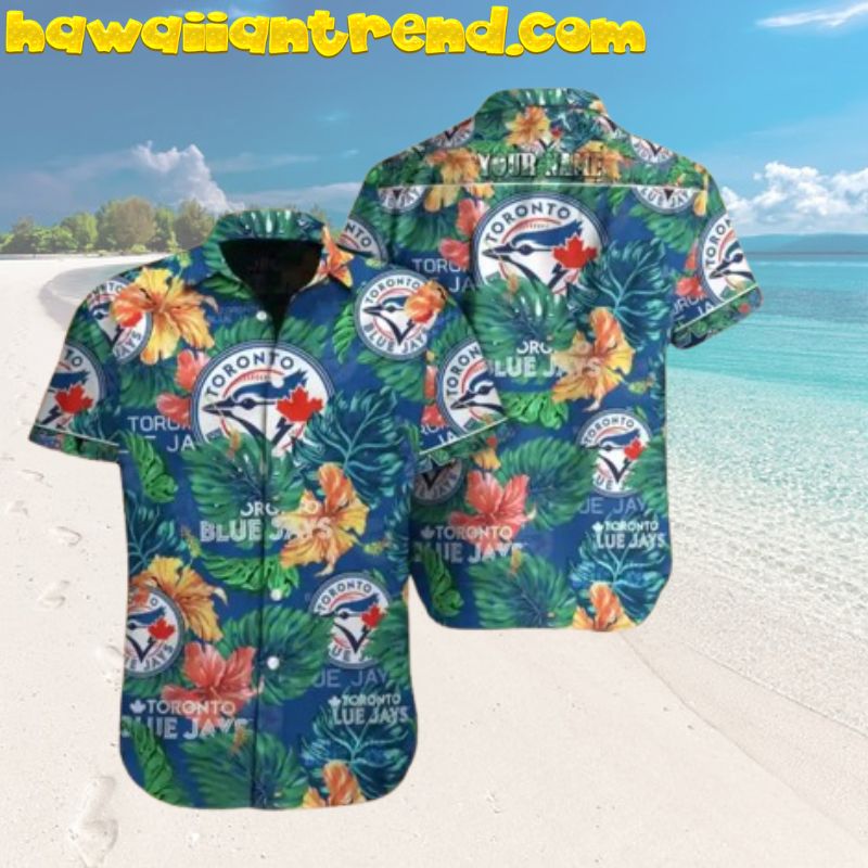 Toronto Blue Jays Green Monstera Bibiscus Floral Hawaiian Shirt