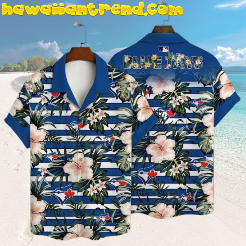 Toronto Blue Jays Hibiscus Stripes Pattern Hawaiian Shirt