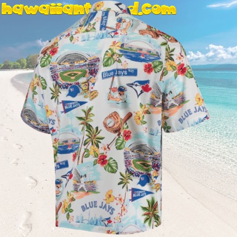Toronto Blue Jays Stars & Stripes Island Tree Pattern Hawaiian Shirt