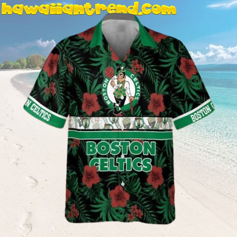 Boston Celtics Logo Tropical Leaf Hibiscus Red Hawaiian Shirt