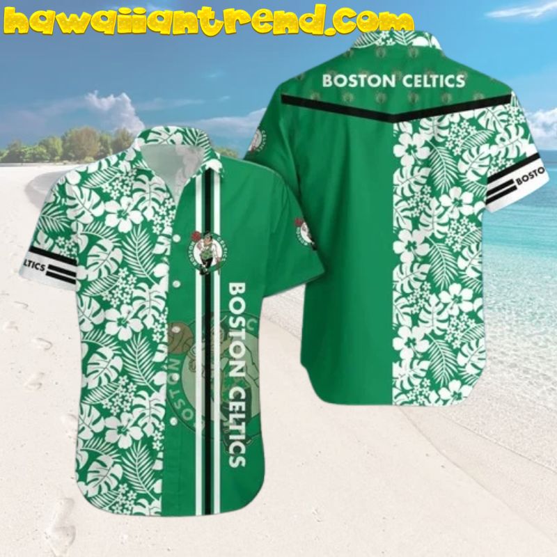 Boston Celtics NBA White Pattern Floral And Striped Hawaiian Shirt
