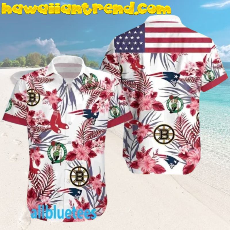 Boston Celtics Patriots USA Flag Red Hibiscus Bruins Hawaiian Shirt