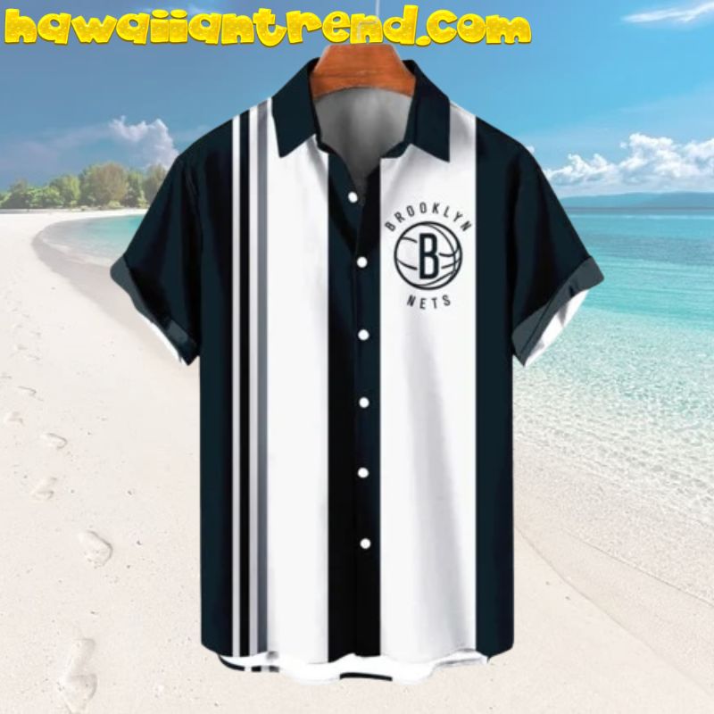 Brooklyn Nets Logo NBA Classic Vintage Black And White Striped Hawaiian Shirt