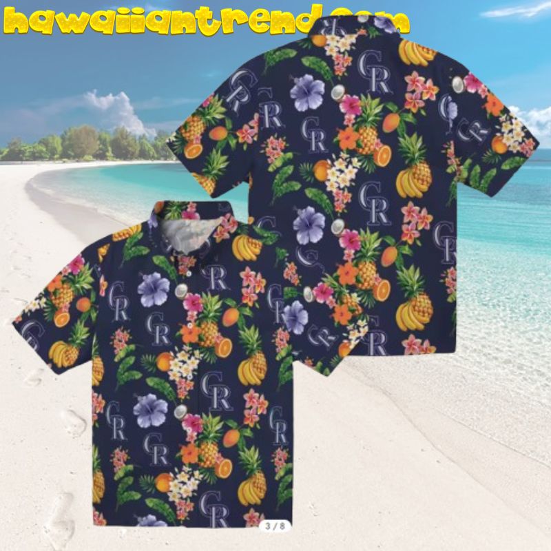 Colorado Rockies Hibiscus And Tropical Fruit Navy Blue Hawaiian Shirt
