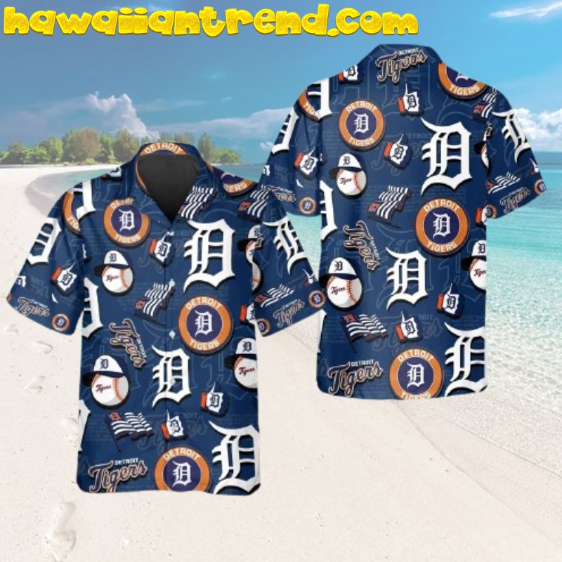 Detroit Tigers Blue Iconic Icon Flag Hawaiian Shirt