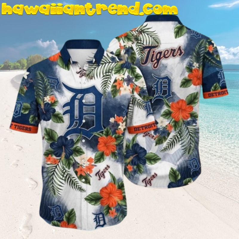 Detroit Tigers Center Logo Summer Paradise Hibiscus Aloha Hawaiian Shirt