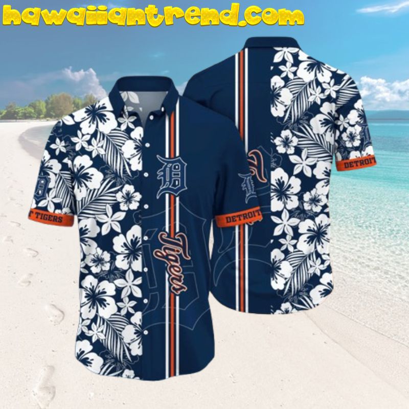 Detroit Tigers Classic Hibiscus Floral Half Stripe Hawaiian Shirt