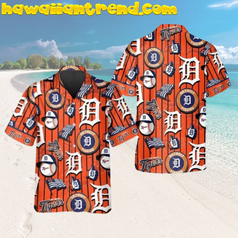 Detroit Tigers Iconic Ball Orange Stripe Hawaiian Shirt