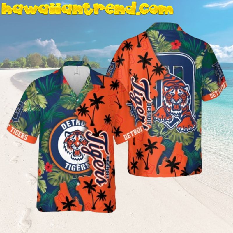 Detroit Tigers Tropical Leaf Orange Hibiscus Flower Hawaiian Shirt