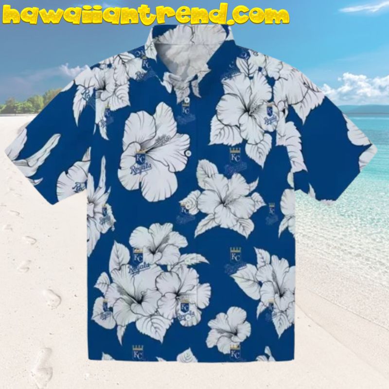 Kansas City Royals Hibiscus Blooms White Blue Theme Hawaiian Shirt
