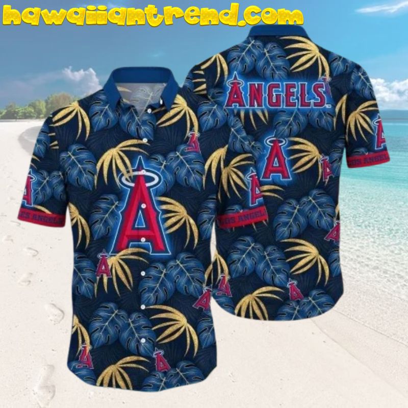 LA Angels Navy Hawaiian Shirt With Golden Palm Leaf And Monstera