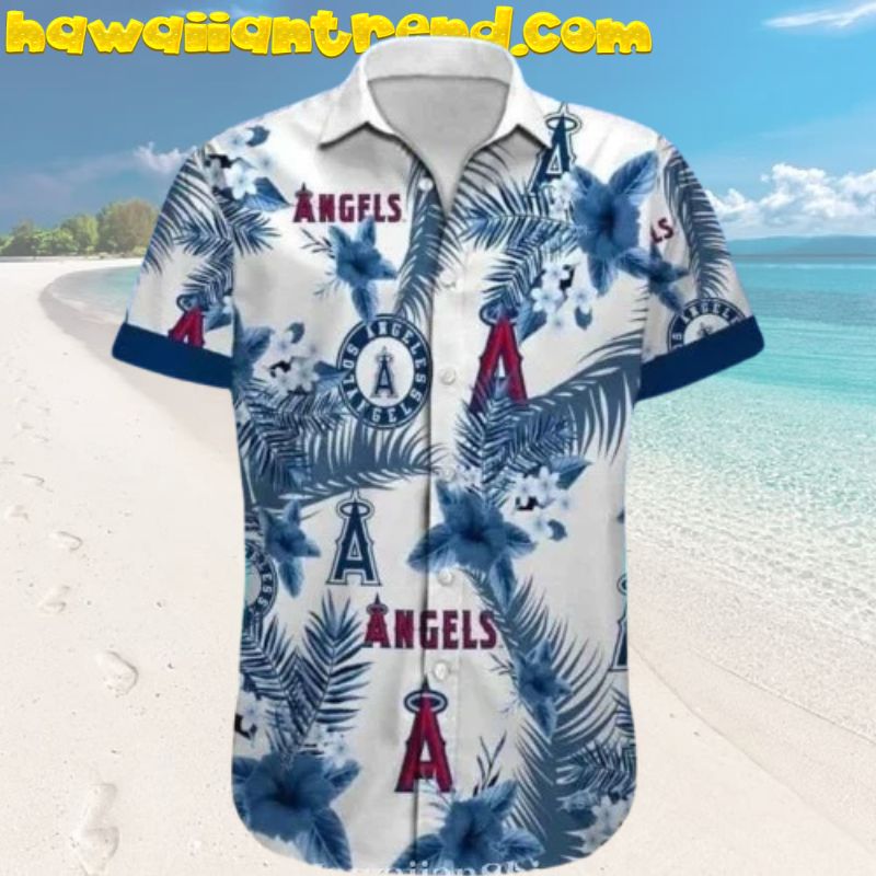 Los Angeles Angels Hibiscus Floral Blue Palm Leaves Hawaiian Shirt