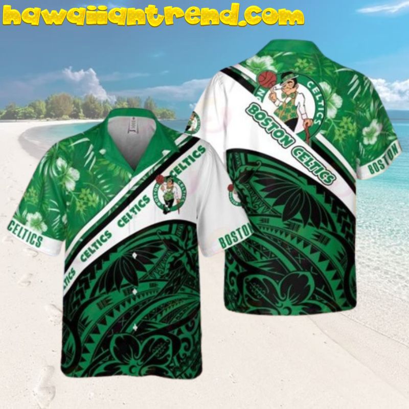 Boston Celtics Yellow Hibiscus and Palm Leaves Hawaiian Shirt