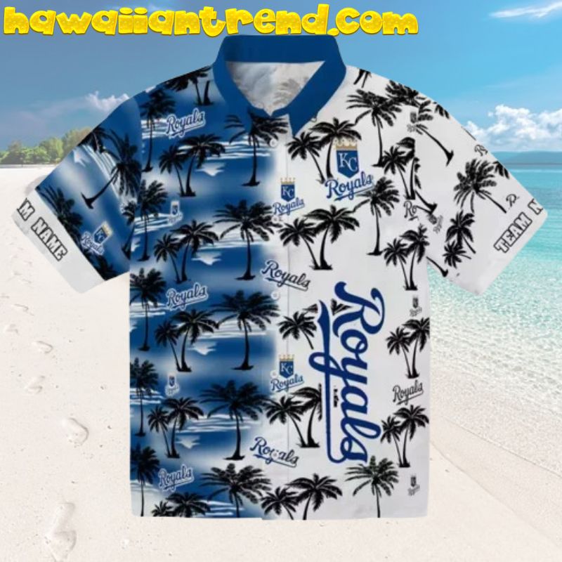 Personalized Kansas City Royals Palm Royal Blue And White Half Hawaiian Shirt