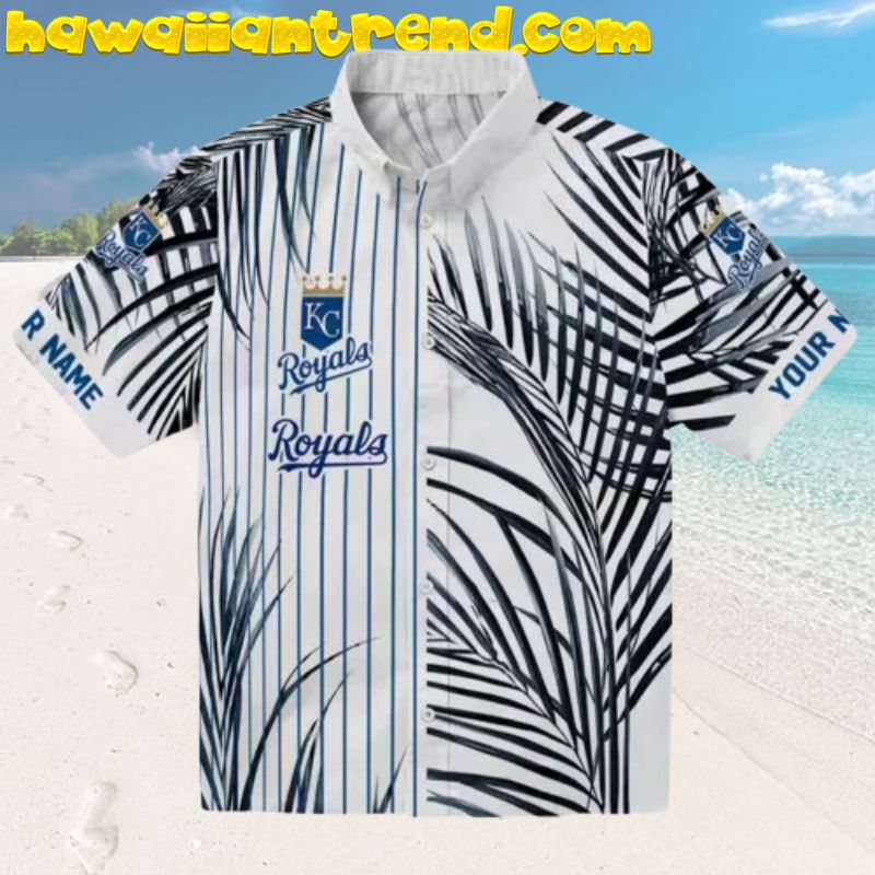Personalized Kansas City Royals  Palm Stripes Royal Blue Hawaiian Shirt
