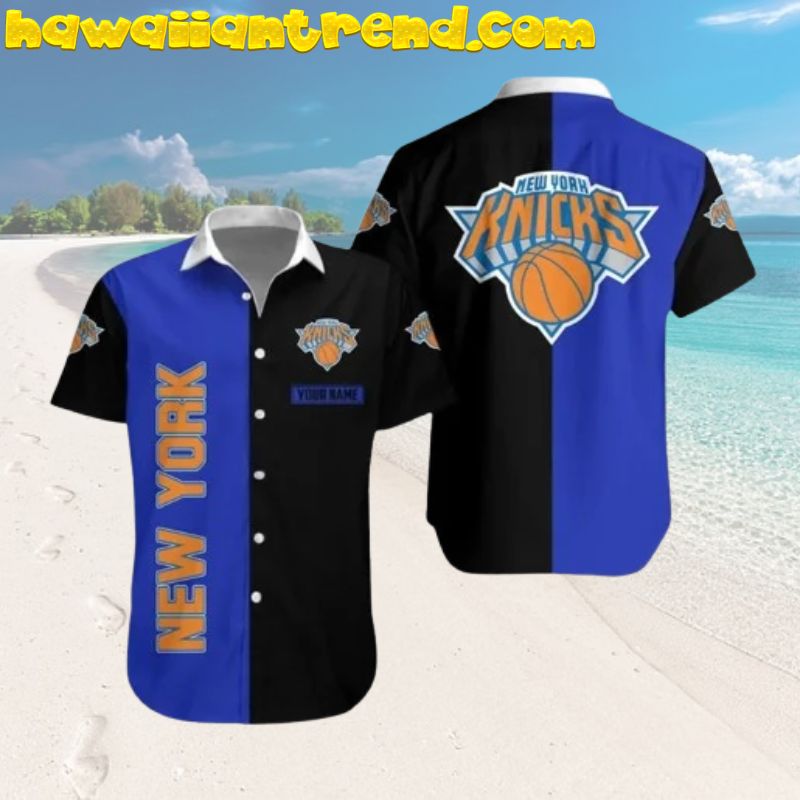 Custom Name New York Knicks Split Color Black And Blue Vintage Hawaiian Shirt
