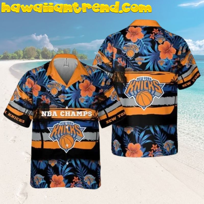 NBA Champs New York Knicks Hibiscus Palm Trees Hawaiian Shirt