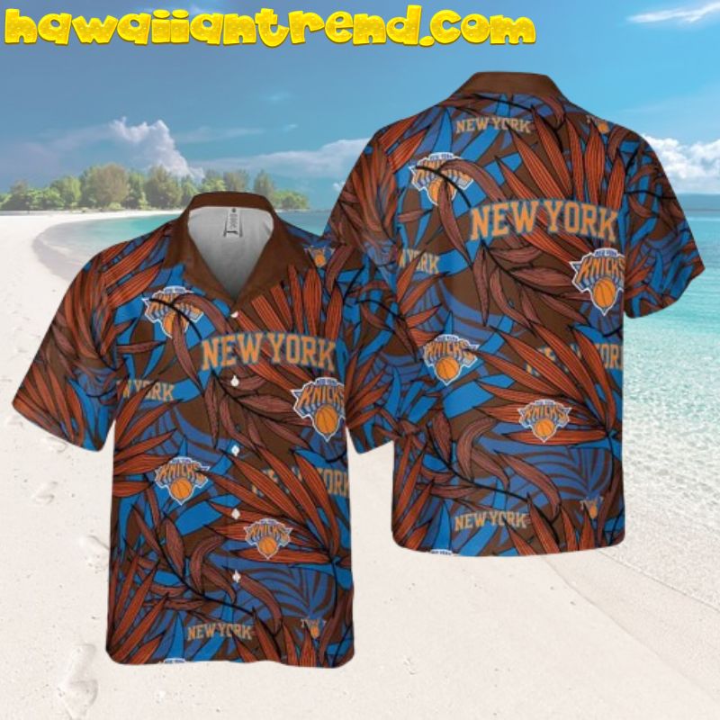 NBA New York Knicks Tropical Palm Leaves Red And Blue Hawaiian Shirt