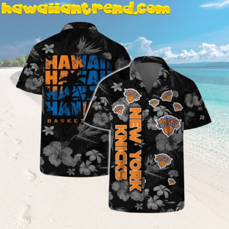 New York Knicks Tropical Breeze Hibiscus Black Theme Hawaiian Shirt