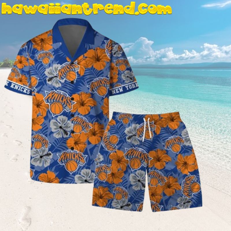 New York Knicks Tropical Leaf Faded Orange Hibiscus Hawaiian Shirt